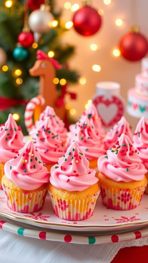 A platter of pink frosted Christmas treats with colorful sprinkles, surrounded by festive decorations.